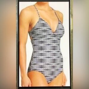 Athleta One Piece Criss Cross Adjustable Tie Back Swimsuit Black, White Sz LT.